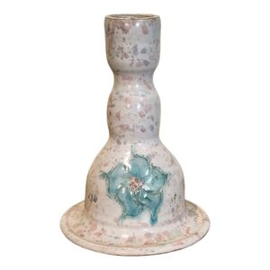 Vtg Studio Pottery Stoneware Candle Stick Holders Floral Pastel Pink Blue 5.5"